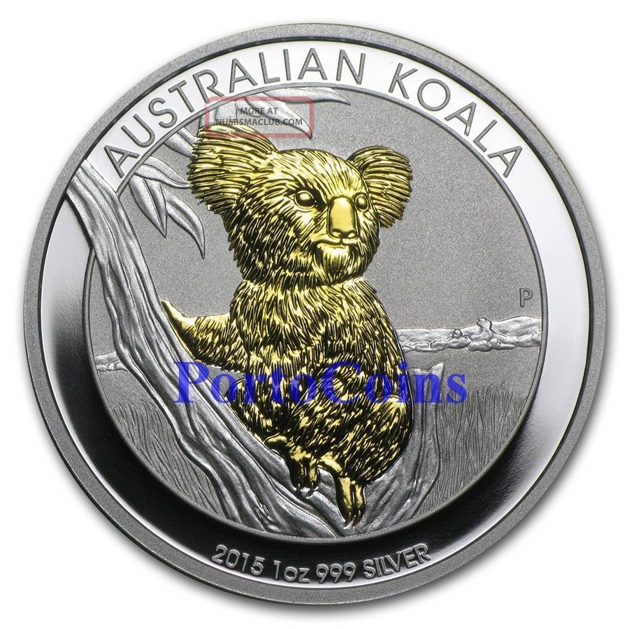 2015 1oz $1 Aud Australian 999 Fine Silver Koala 24k Gold Gilded Rare
