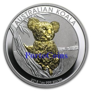 2015 1oz $1 Aud Australian 999 Fine Silver Koala 24k Gold Gilded Rare photo