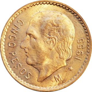 Mexico 5 Pesos Gold 1955.  Km 464 Uncirculated. photo