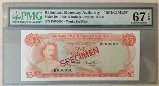 Bahamas 5 Dollars Nd 1968 Pick 29s Tdlr Pmg 67 Epq Gem Unc Specimen photo