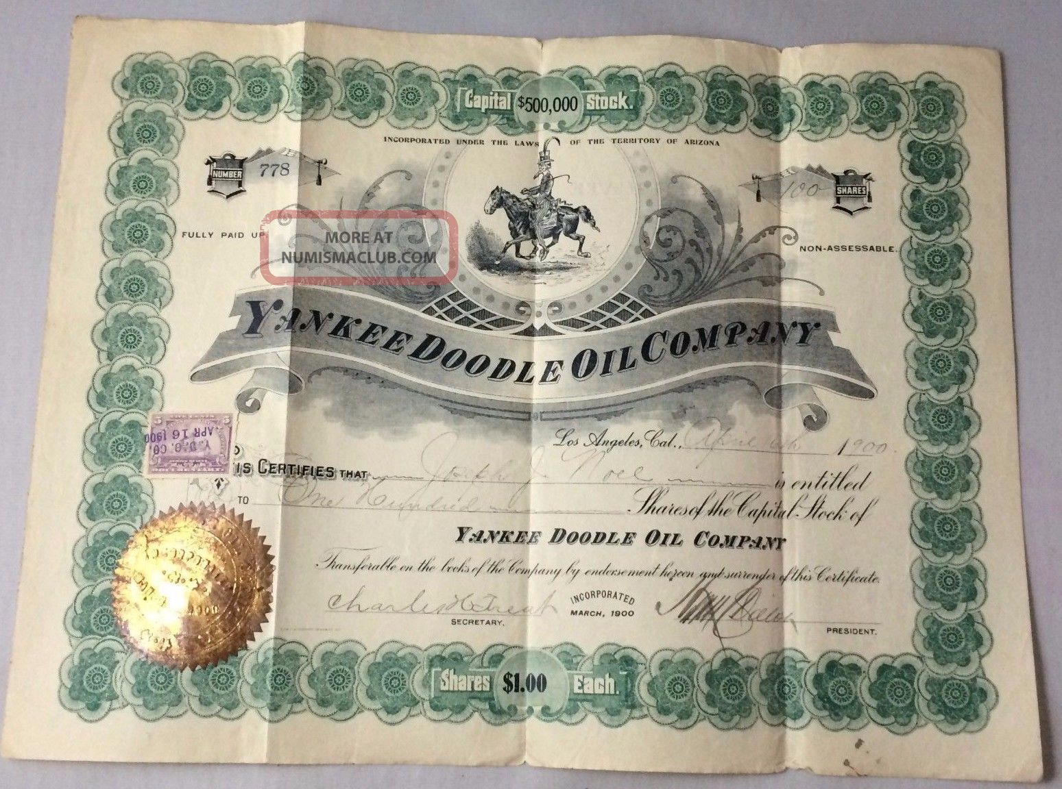 1900 Stock Certificate Yankee Doodle Oil Company Los Angeles,  Cal.  100 Shares Stocks & Bonds, Scripophily photo