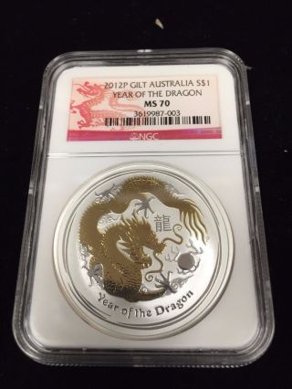 Australia 2012 - P S$1 Silver Gilt Dragon Ngc Ms - 70 Coin Bullion Gilded photo