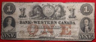 Circulated 1859 Bank Of Western Canada $1 Obsolete Note S/h photo
