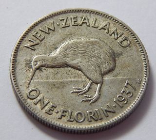 1937 Zealand Silver Florin Coin - Kiwi Bird Reverse -.  1818 Troy Oz Asw photo
