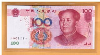 S16c 111111 2005 Series China $100 (100 Yuan) Solid Number Note 111111 Unc. photo