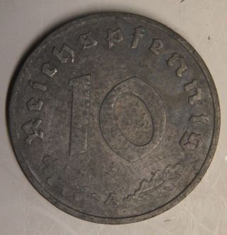 Nazi Germany 3rd Third Reich 1944 A 10 Reichspfennig Ten Pfennig Swastika Coin photo