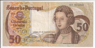 1968 Portugal 50 Escudos Banknote P.  174a Vf, photo
