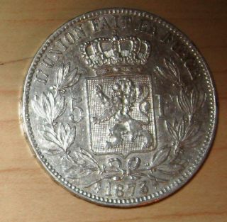 1873 Belgium Leopold Ii 5 Francs Silver Coin photo