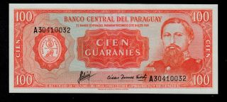 Paraguay 100 Guaranies L.  1952 Sign.  Colman - Acosta With Uv Pick 199b Unc - photo