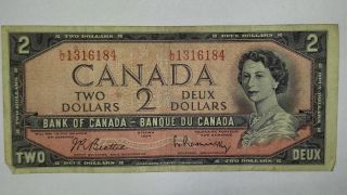 1954 Canadian Two Dollar Bill 2 Dollars Serial No.  1316184 Queen Elizabeth Ii Nr photo