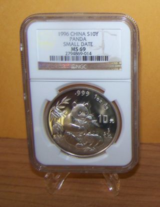 1996 China Silver 10 Yuan Small Date Panda,  Ngc Ms 69 photo