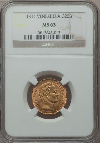 Venezuela Republic Gold 20 Bolivares 1911 Ms63 Ngc Gold Coin State photo