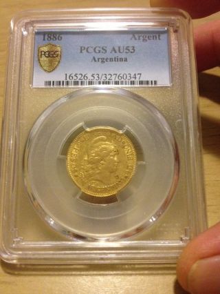 1886 Argentina 5 Peso Gold Coin - Pcgs Au53 2nd Highest Graded Coin In The World photo
