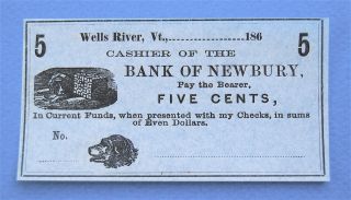 Bank Newbury Wells River,  Vermont 5c Fractional 1860s War Between The States Cu photo
