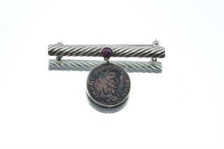 Sterling Silver & Ruby Bar Pin W/ Ancient Roman Bronze Coin photo
