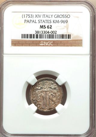 Papal States Benedict Xiv Grosso Nd (1753) Ngc Ms62 Km96.  Dated Anno Xiv photo