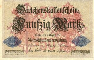 Xxx - Rare 50 Mark Banknote Darlehnskassenschein From 1914 Good Cond photo