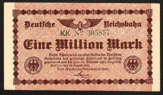 German 1 Million Mark 1923 Reichsbahn Series: Kk 605857 - 