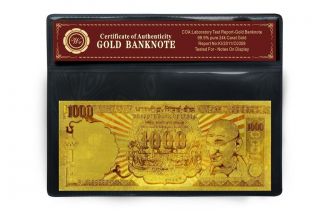 India Ghandi Gold Banknote 1000 Rupee Pure 24k Gold Note Rare Mylar Sleeve photo
