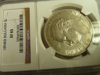 Bulgaria,  Bulgarian 1894 Kb 5 Leva Large Silver Coin,  Certified Ngc Xf45 photo