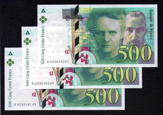 Very Rare 3 X 500 Francs Marie Curie 1994 Unc Consecutive Numbers photo