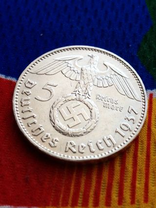 5 Mark German Silver Coin Ww2 1937 J Third Reich Swastika Reichsmark photo