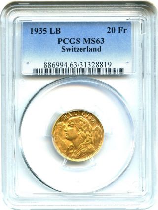 Switzerland: 1935 Lb Gold 20 Franc Pcgs Ms63 (km - 35.  1).  1867oz Gold photo