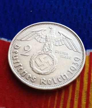 2 Mark German Silver Coin Wwii 1939 B Swastika 3rd Reich Reichsmark 5 Star photo