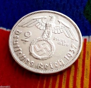 2 Mark German Silver Coin Wwii 1937 F Swastika 3rd Reich Reichsmark 5 Star photo