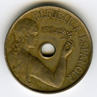 ☆ Spain 1934 • 25 Centimos Republica EspaÑola,  Copper - Nickel Coin Km 751 ☆c1906 photo