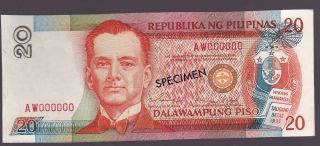Philippines 20 Peso Specimen Banknote Red Sn Aw000000 Ramos/singson Uncirculated photo