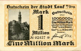 Lauf Stadt 1 Million Mark 20.  9.  1923 Ef German Notgeld Keller 2943.  A.  1 photo