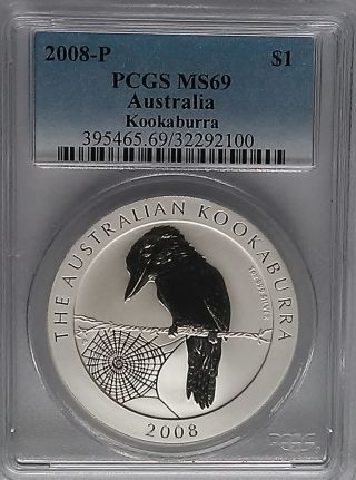 Pcgs 2008 - P Australia Kookaburra $1 Dollar Coin Ms69 Silver 1oz 999 Ag Perth Bu photo