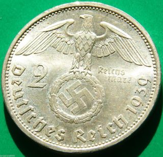 German Silver Coin 2 Rm 1939 A Nazi Coin.  625 Silver photo