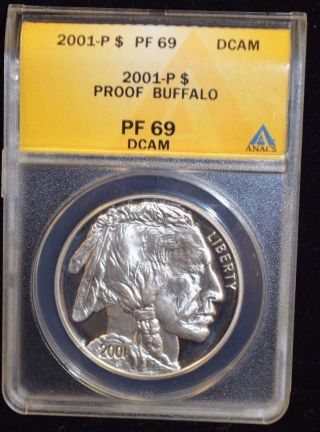 2001 P United States Proof Buffalo Silver Dollar Anacs Pf 69 Dcam photo
