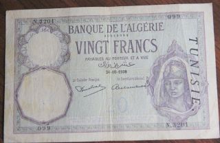Banque De L ' Algerie,  20 Franc Note,  Dated 24 - 10 - 1938 photo