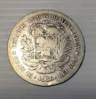 Venezuela 1886 - C Silver 5 Bolivares Crown Rare Date Low Mintage Caracas photo
