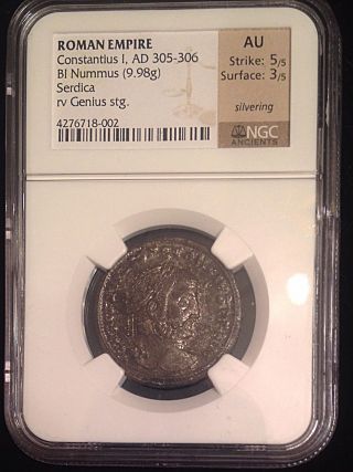 Constantius I Ancient Roman Silvered Follis Ngc Certified Au Still Mostly Slvred photo