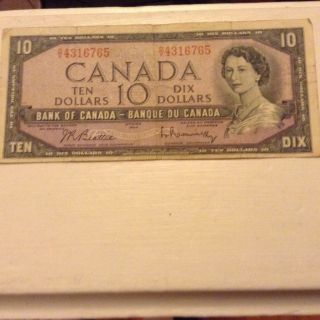 1954 $10.  00 Canadian Paper Bill Beattie/rasminsky Serial O/v 4316765 photo