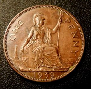 Great Britain Penny,  1939,  Britannia Seated Right - Fantastic Detail - photo