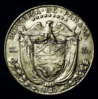 1947 Panama Medino Balboa - Last Year Of Mintage - 90 Silver Coin photo