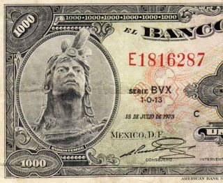 Mexico 1973 $1000 Pesos Cuauhtemoc Serie Bvx (e1816287) Note photo