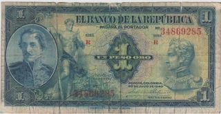Colombia 1 Peso Oro 20.  7.  1940 P 380b Series R Circulated Banknote photo