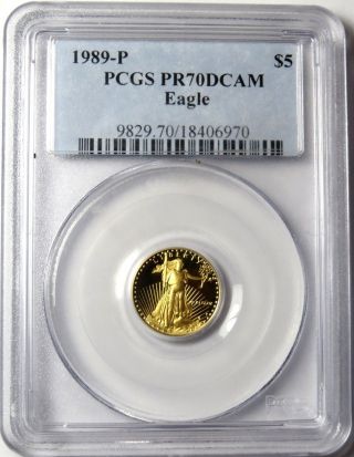 1989 - P 1/10 Oz $5 Gold American Eagle Pcgs Pr70 Deep Cameo (mcmlxxxix) photo
