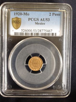 1920 - Mo Dos 2 Peso Gold Mexico Coin Rare Pcgs Graded Au53 Bullion photo