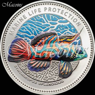 Mandarinfish Marine Life Protection 2013 Palau 5$ Silver Proof Coloured Coin photo