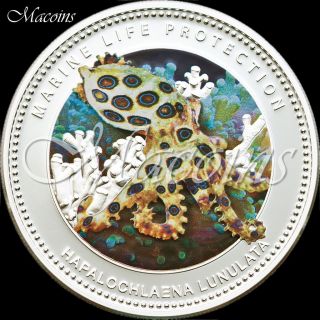 Blue Ringed Octopus Marine Life Protection 2012 Palau 5$ Silver Proof Color Coin photo