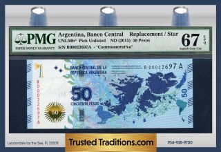 Tt Pk Unl50b 2015 Argentina 50 Pesos Pmg 67 Epq Gem Replacement / Star photo