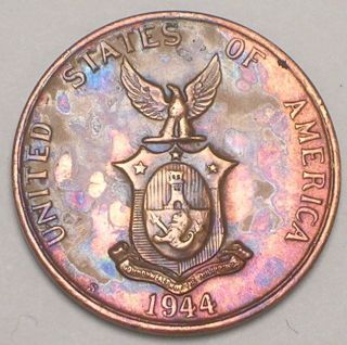 1944 S Philippines 1 Centavo Wwii Era Coin Vf,  Toned photo