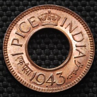 India 1943 King George Vi 1 Pice Coin.  Bombay Unc Rare photo
